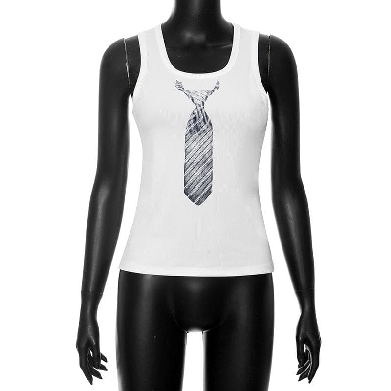 U neck necktie print ribbed contrast sleeveless top