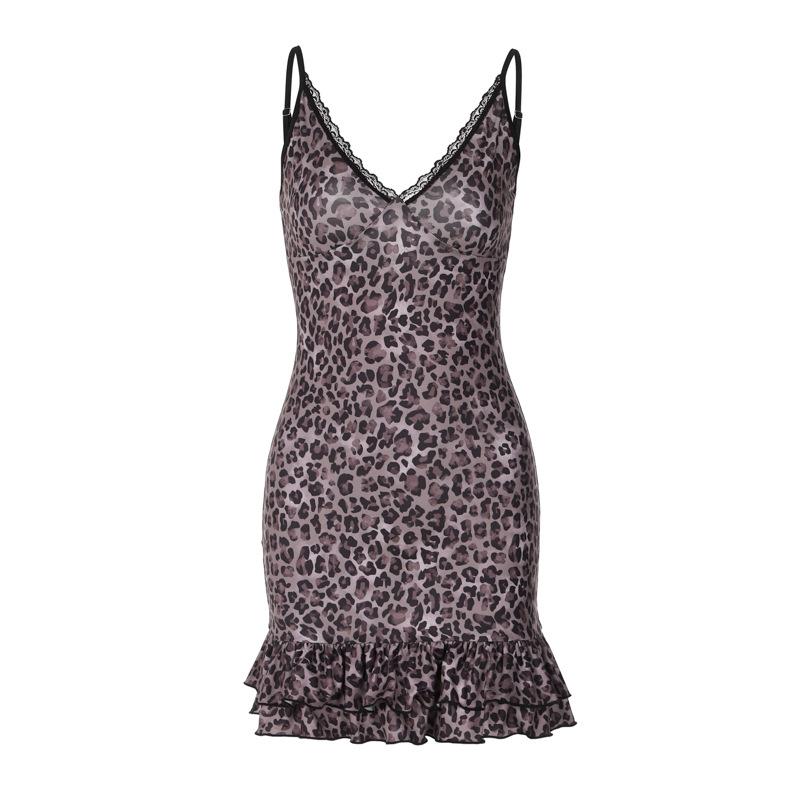 V neck leopard print lace hem ruffle cami mini dress