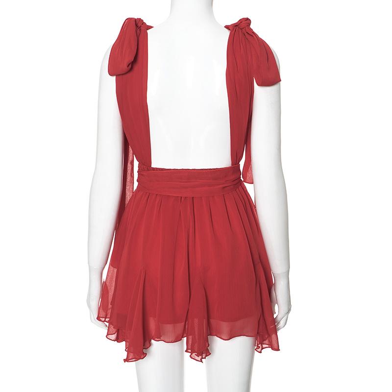 Deep v neck chiffon backless knotted ruffle mini dress  | red tango dress