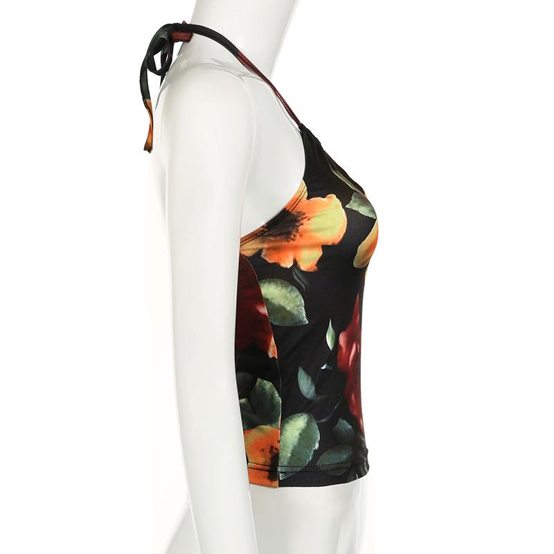 Halter drawstring ruched hollow out flower print top