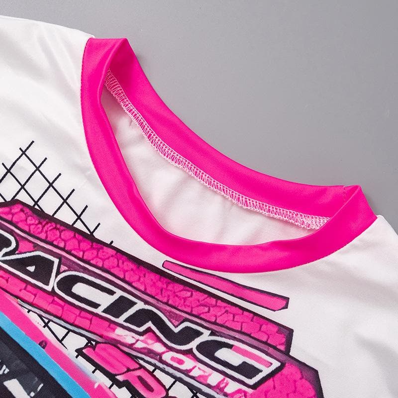 Short sleeve car pattern contrast patchwork crop top