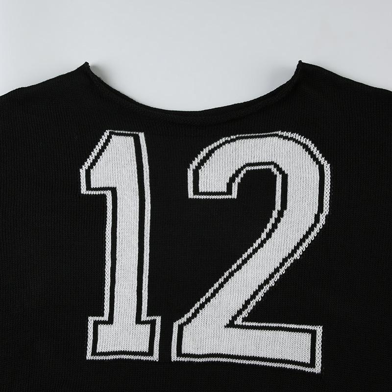 Long sleeve off shoulder "12" print knitted top