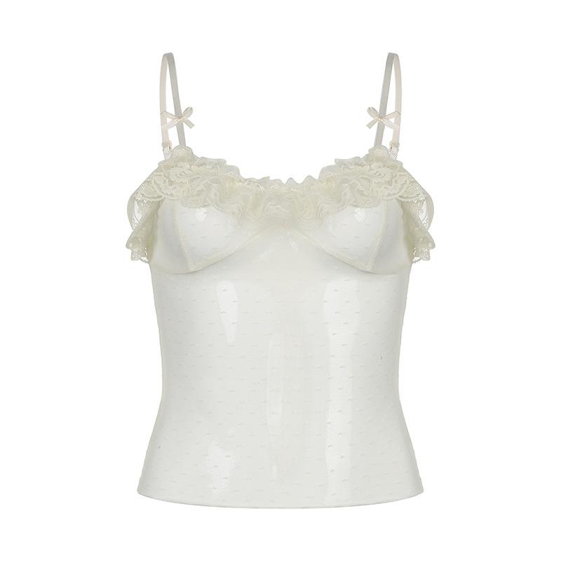 Sheer mesh lace see through ruffle bowknot cami top