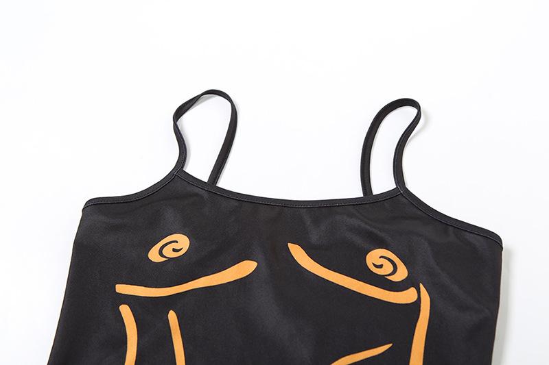 U neck body print backless contrast cami maxi dress