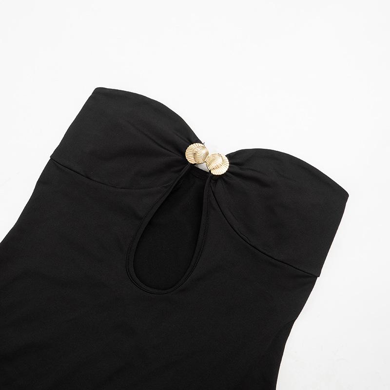Metal applique hollow out solid tube mini dress