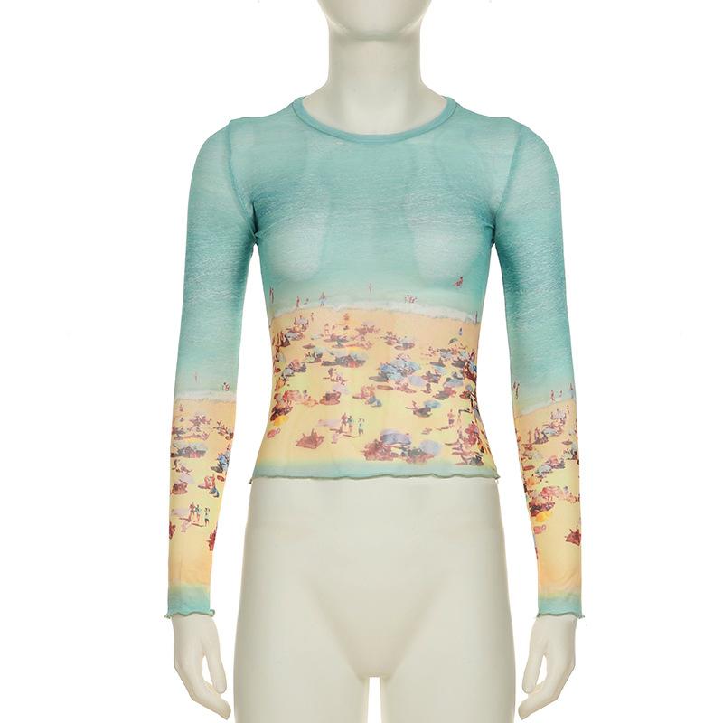 Long sleeve crewneck contrast mesh top