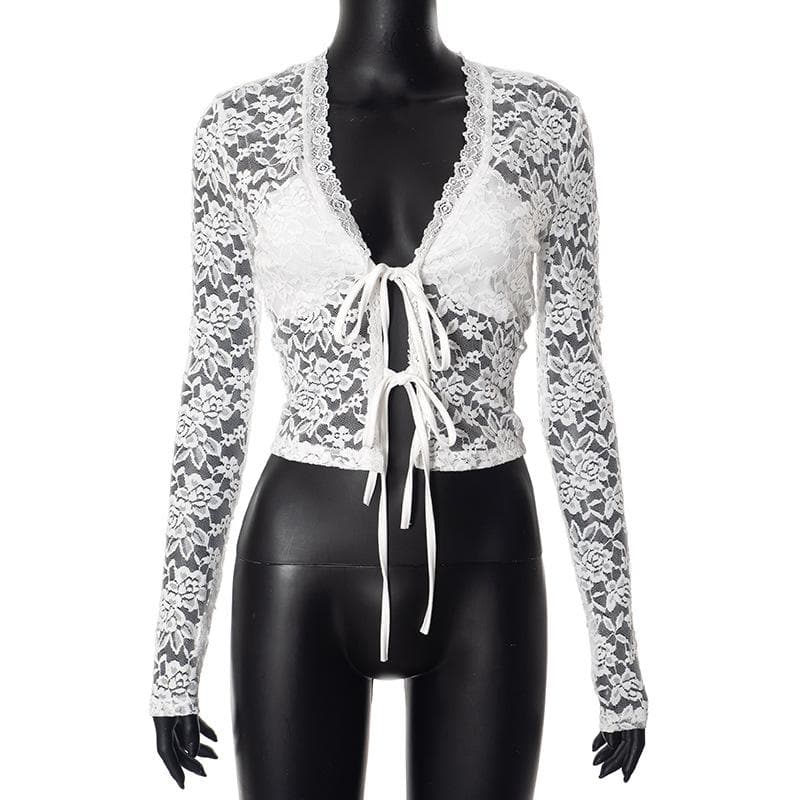 Long sleeve v neck lace self tie solid crop top