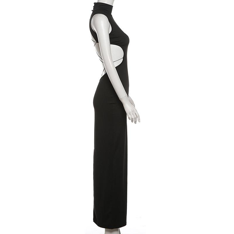 High neck butterfly pattern o ring button maxi dress