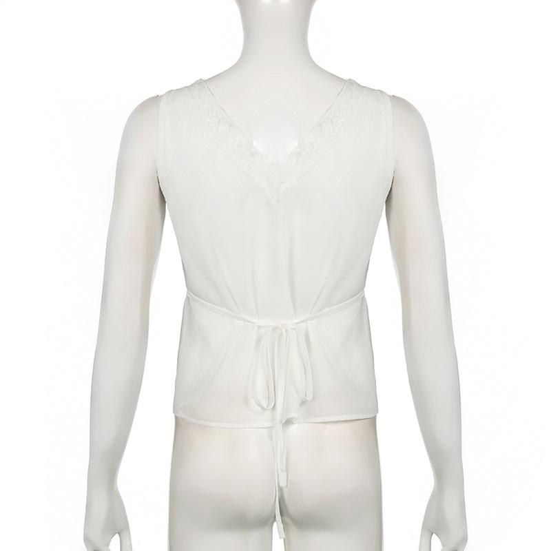 V neck button lace hem solid tank top