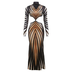 High neck long sleeve hollow out print contrast maxi dress