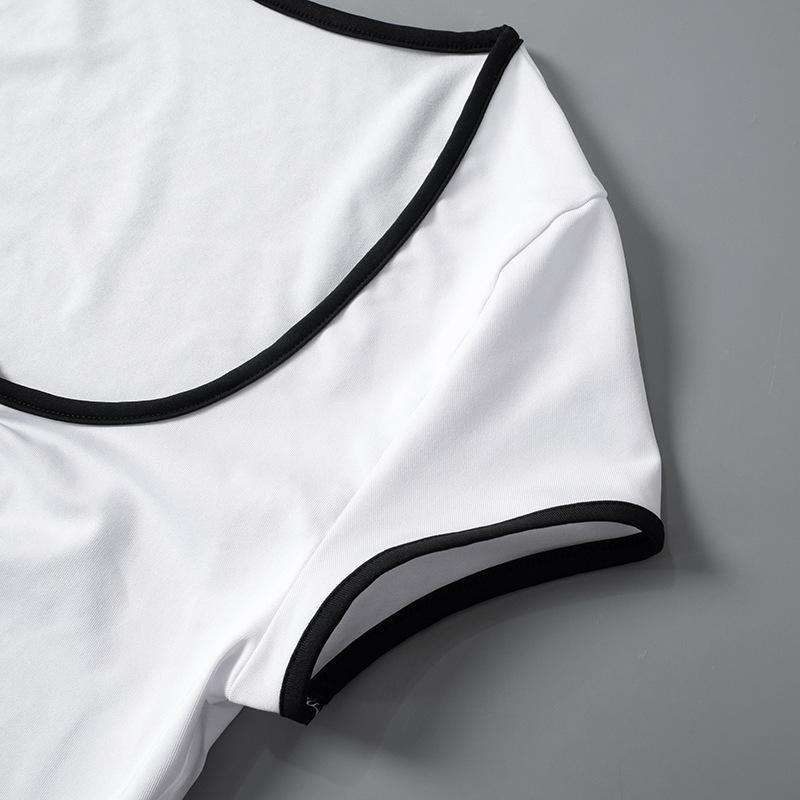 Short sleeve ruched notch neck stitch crop top