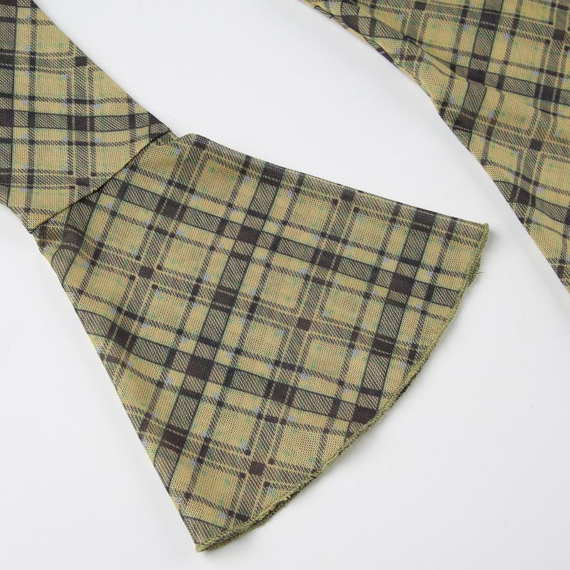 Long flared sleeve plaid print lace hem top