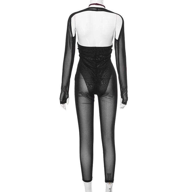 Long sleeve button halter cross front shrug mesh backless 2 piece jumpsuit