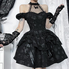 Short sleeve halter off shoulder butterfly flower pattern lace mini dress