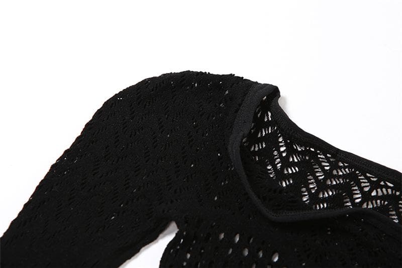 Long sleeve hollow out solid fishnet see through jumpsuit