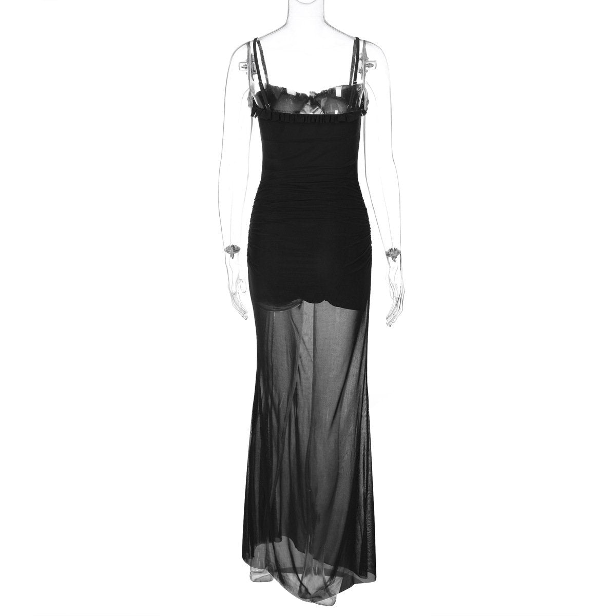 Hollow out mesh ruffle ruched cami maxi dress
