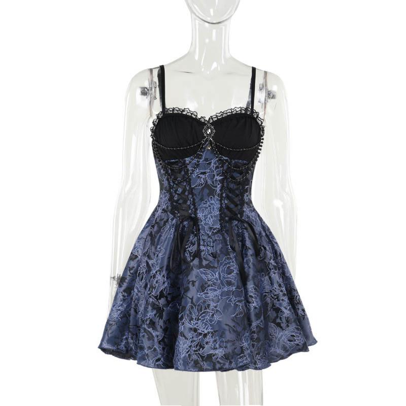 Sweetheart neck beaded smocked lace up cami mini dress