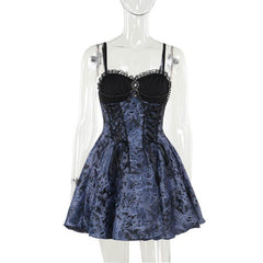 Sweetheart neck beaded smocked lace up cami mini dress