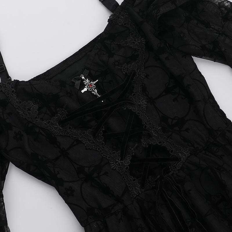 Long flared sleeve off shoulder cross applique mini dress  | black rave dress