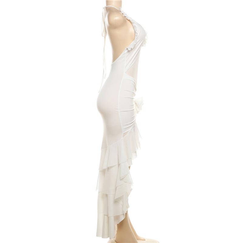 Halter ruffle ruched mesh flower applique maxi dress