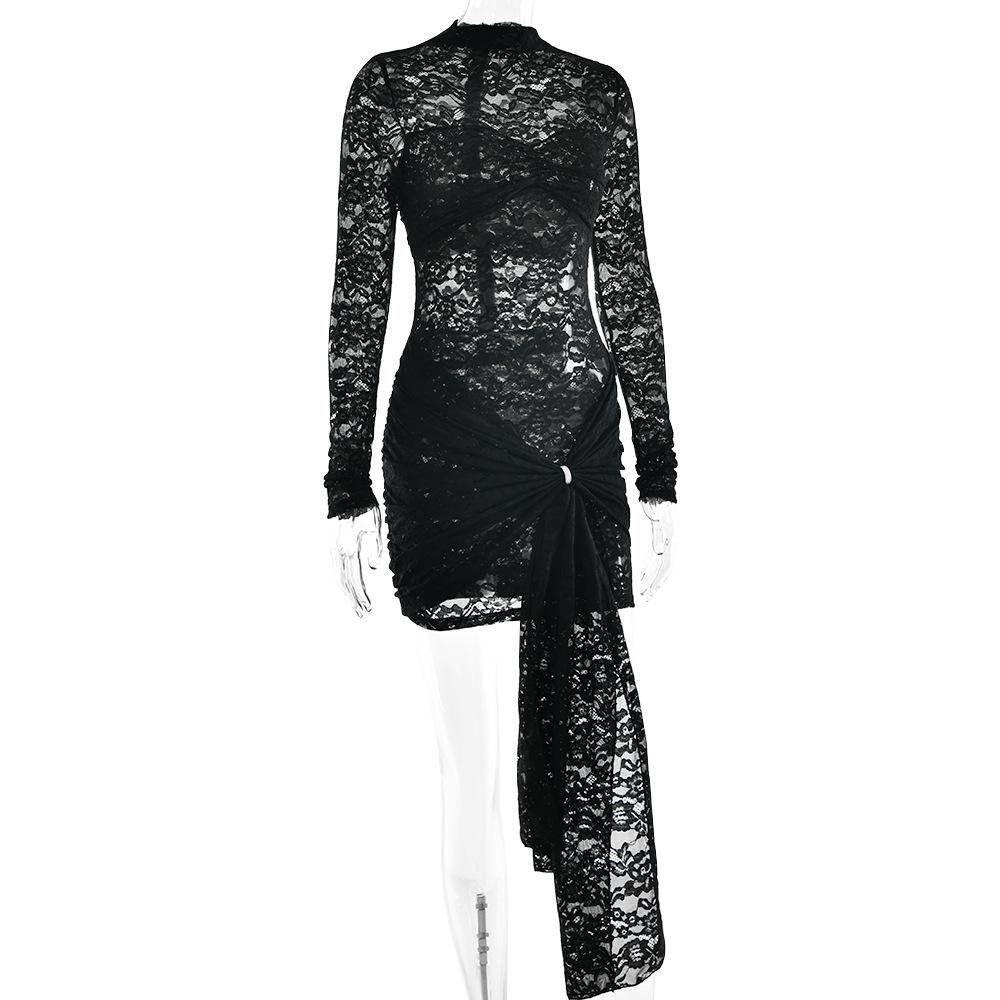 Crewneck long sleeve lace o ring ruched mini dress