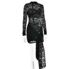 Crewneck long sleeve lace o ring ruched mini dress