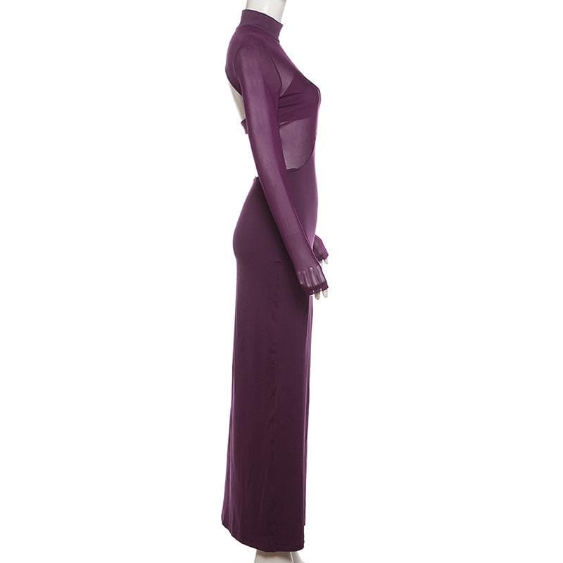Long sleeve backless high neck patchwork mesh maxi dress