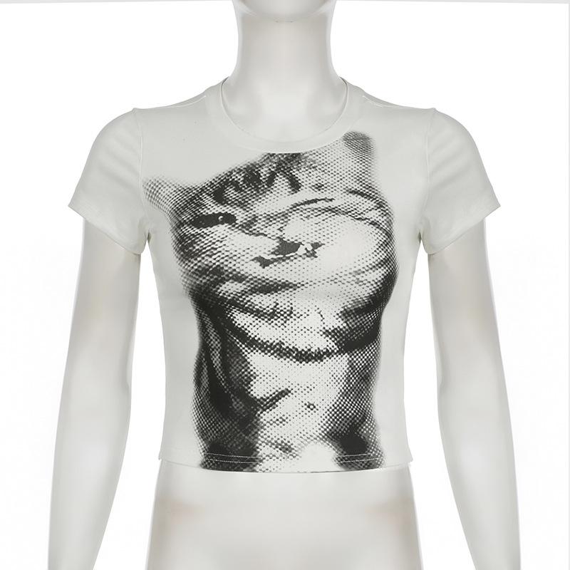 Short sleeve crewneck cat print top