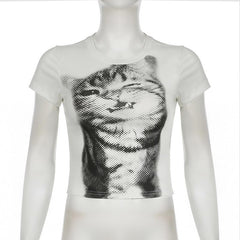 Short sleeve crewneck cat print top