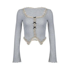 Ruffle solid ribbed contrast long sleeve cross front crop top
