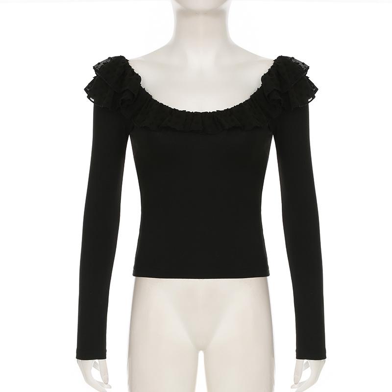 Long sleeve ruffle mesh patchwork top