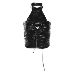 Halter backless PU leather zip-up crop top