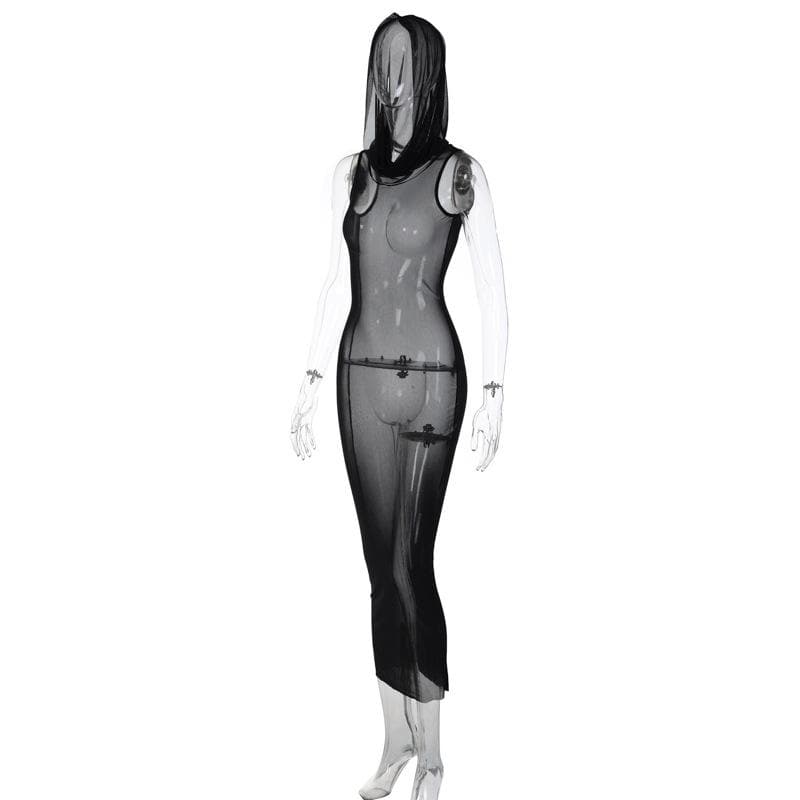 Sheer mesh see through hoodie sleeveless maxi dress  | samba dress