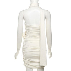 Halter ruched flower applique backless mini dress