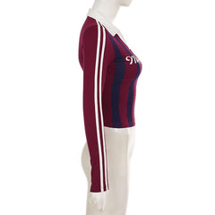 Turnover collar long sleeve striped letter print top