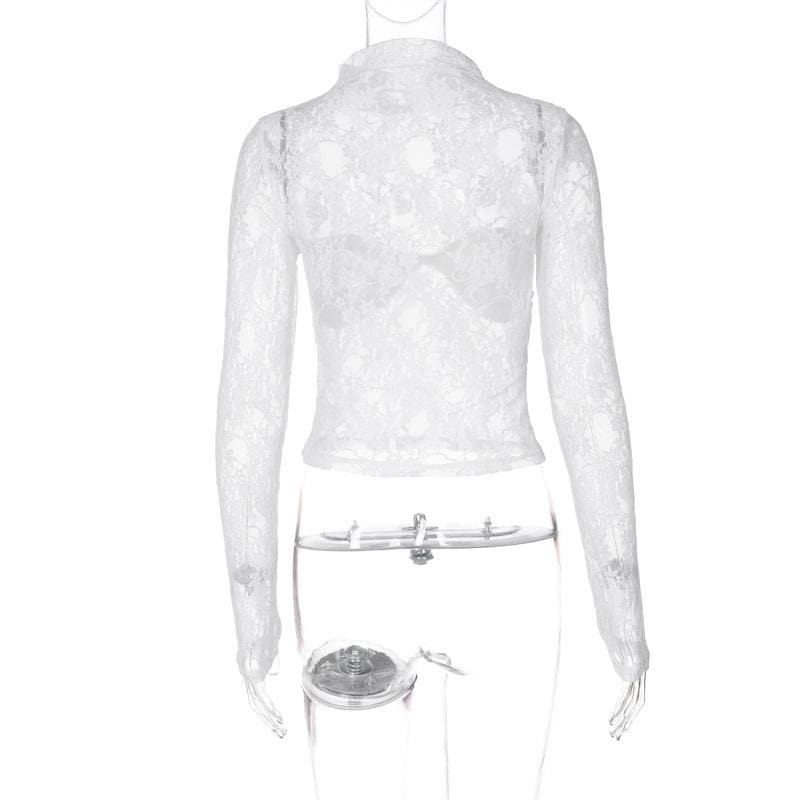 Long sleeve high neck lace see through ruched top