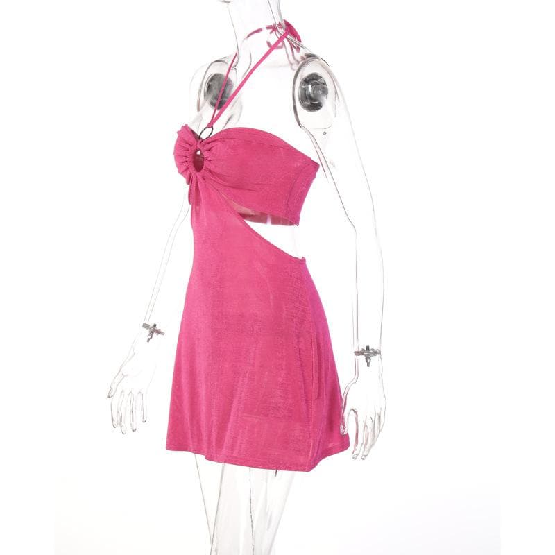 Hollow out solid o ring halter self tie backless mini dress  | red tango dress