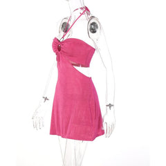 Hollow out solid o ring halter self tie backless mini dress  | red tango dress