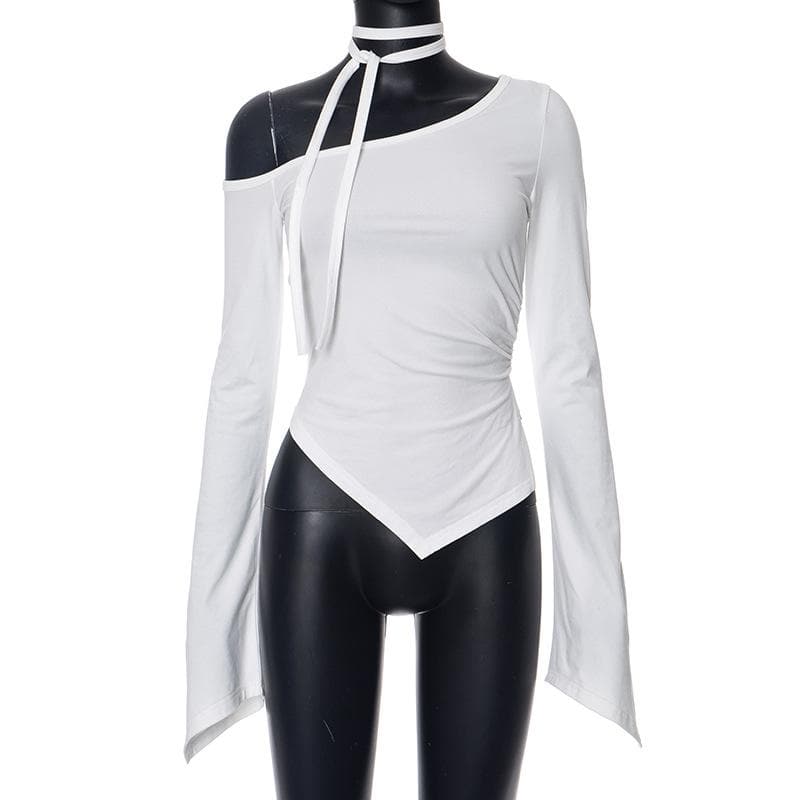 Long flared sleeve off shoulder ruched irregular top