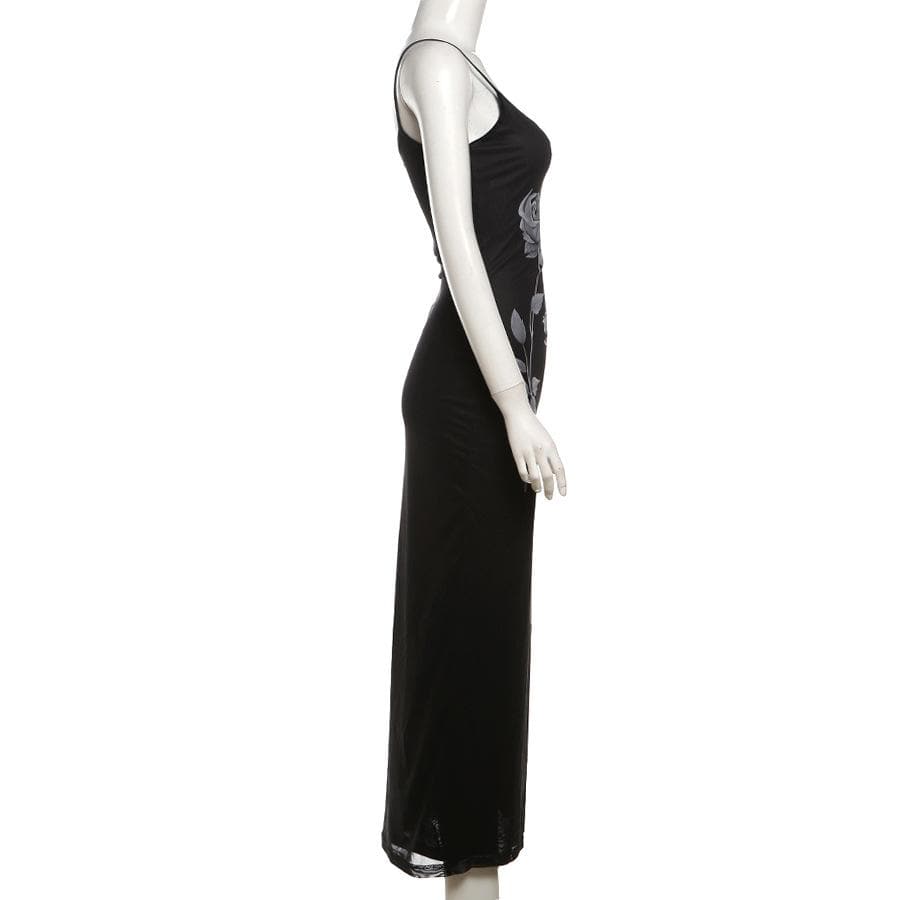 U neck backless rose print mesh cami maxi dress