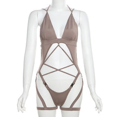 V neck cross front hollow out solid cami bodysuit