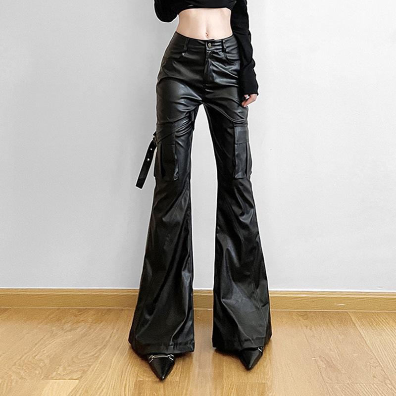 PU leather buckle pocket high rise pant