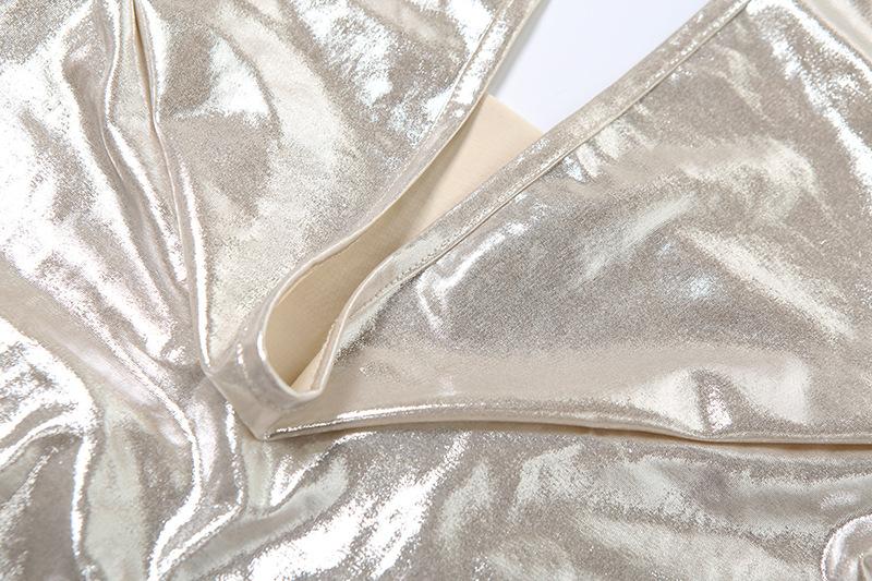 Ruched halter metallic cowl neck low cut romper