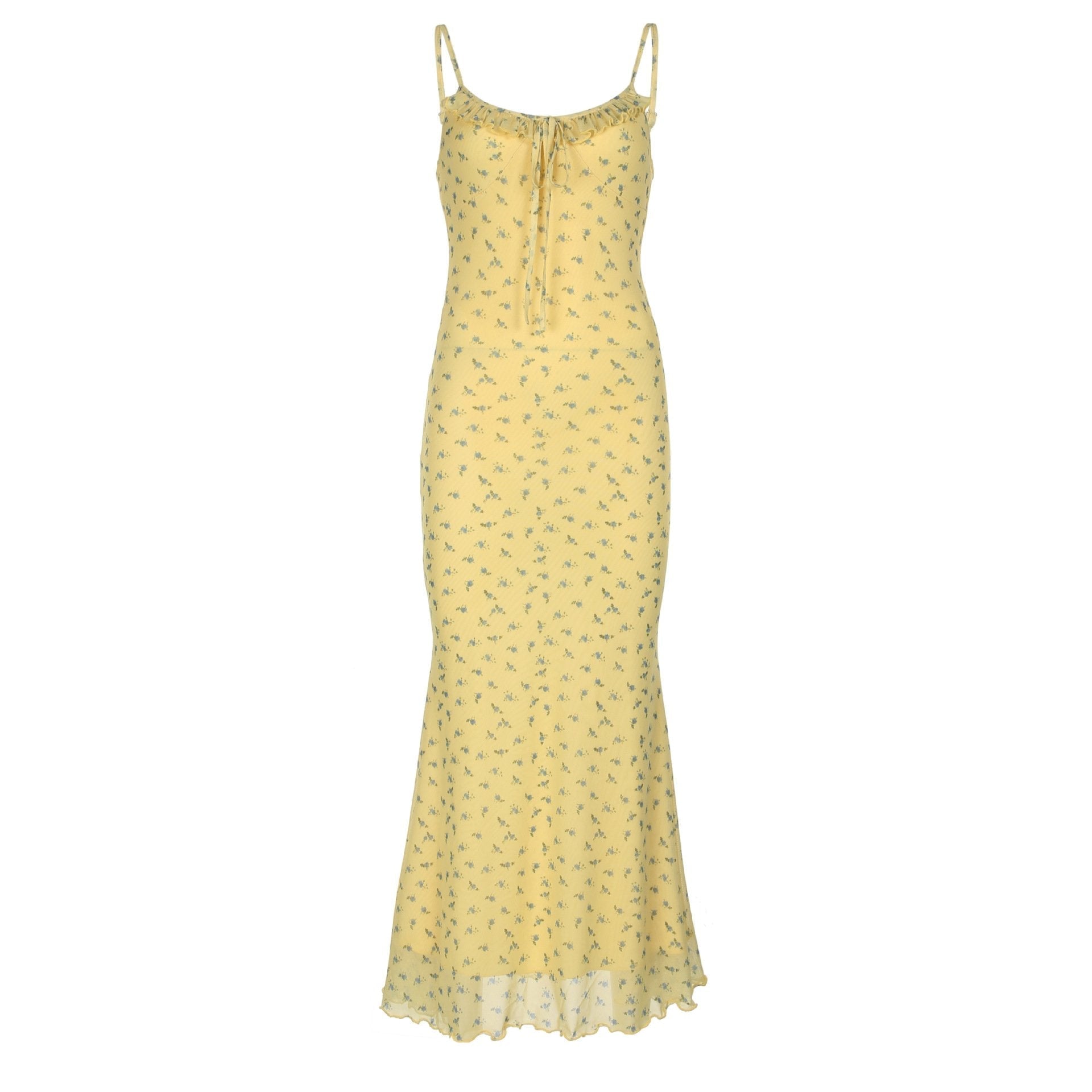 U neck ruffle mesh flower print cami maxi dress