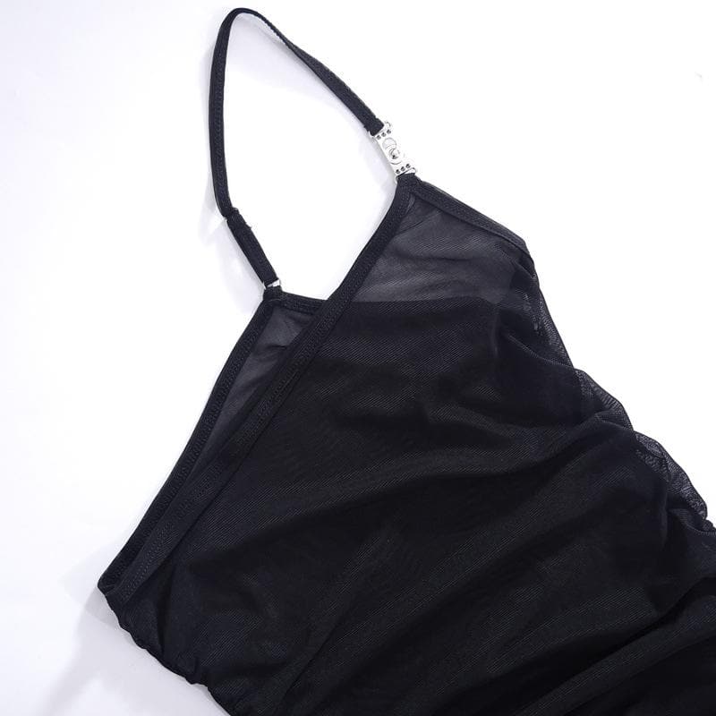 Sheer mesh see through one shoulder ruched irregular midi dress  | samba dress