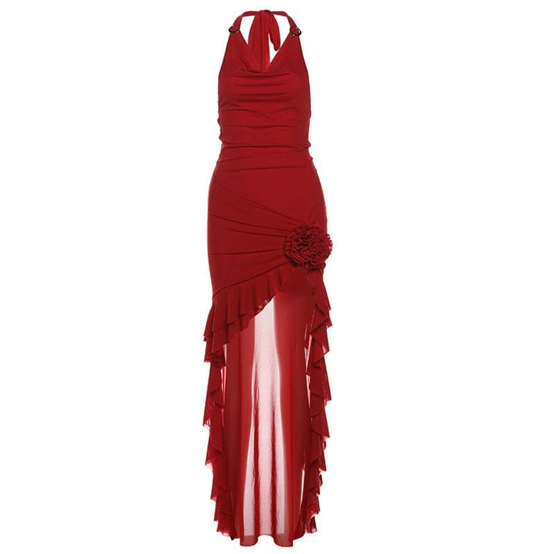 Halter cowl neck flower applique ruffle maxi dress  | red tango dress