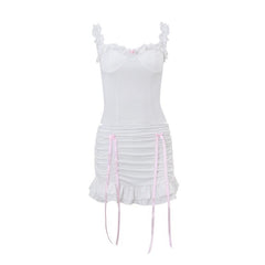 Ruffle ruched bowknot ribbon stitch cami skirt set