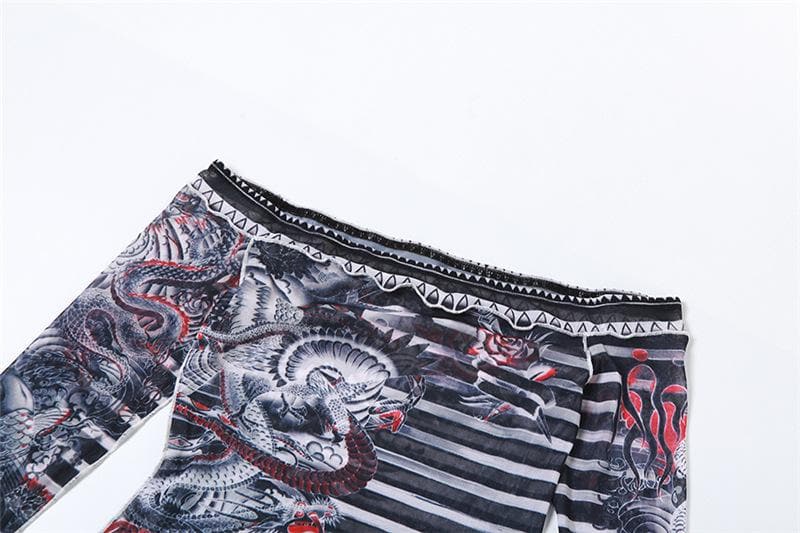 Long sleeve off shoulder sheer mesh print pant set