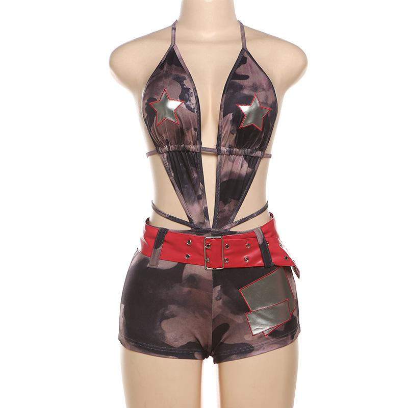 Halter backless self tie buckle romper