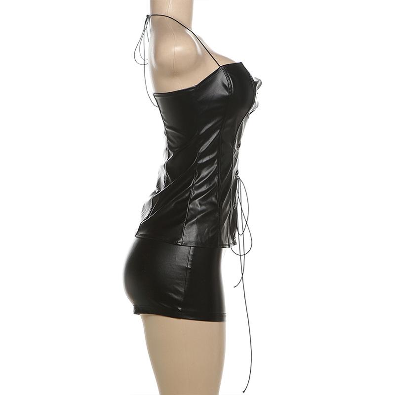 Lace up PU leather halter self tie metallic pant set